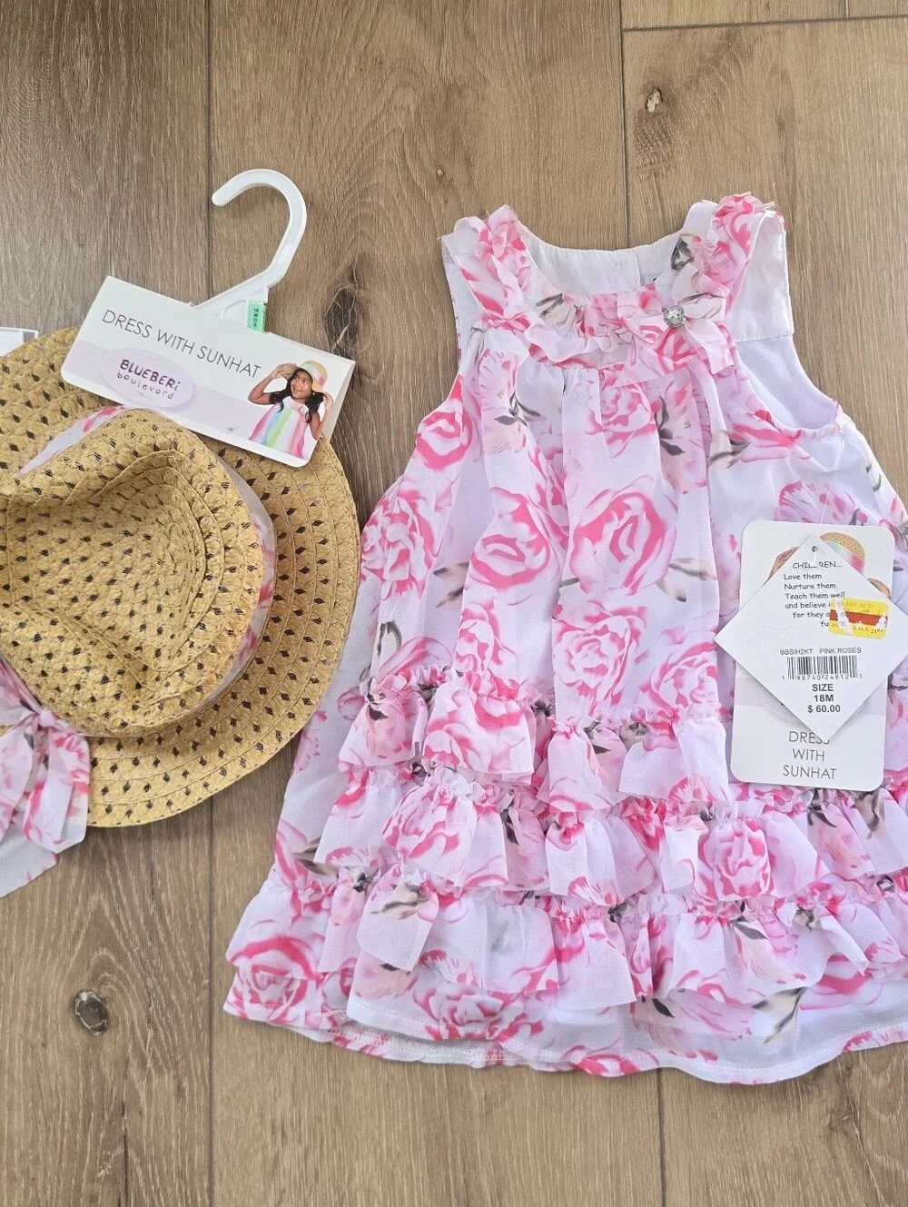 Blueberi Baby Girls Pink Rose Floral Ruffle Dress with Matching Sun Hat Size 18M